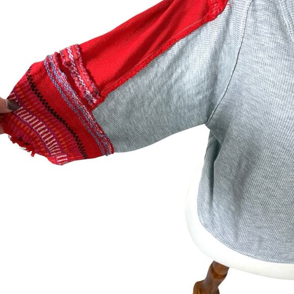 We The Free Red Grey Bubble Waffle Tee with Embroidered Sleeves S - Picture 5 of 8